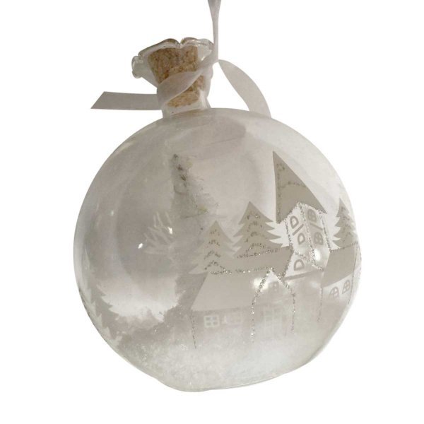 Χριστουγεννιάτικο Γυάλινο Διακοσμητικό Ρόδι με Χωριό και Δεντράκι - 4 LED (10cm)